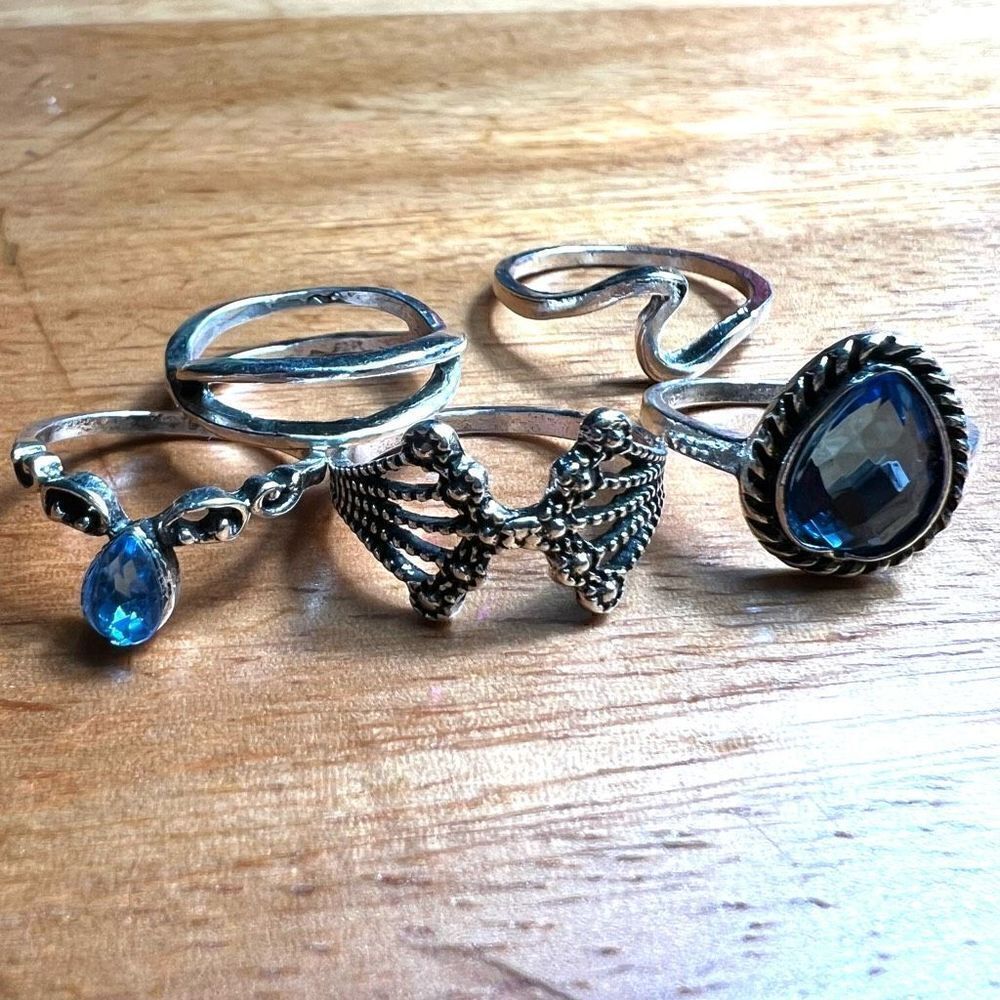 Ring Bundle of 5 Stackable Rings, Boho, Waves, Gems, Droplet Geometric 4.25-6.75